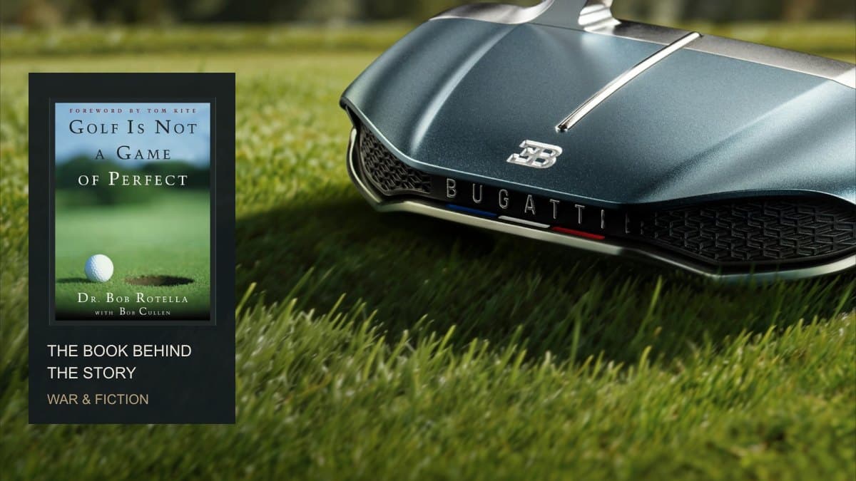 Official HONMA × Bugatti putter photograph beside the original cover of Golf Is Not a Game of Perfect