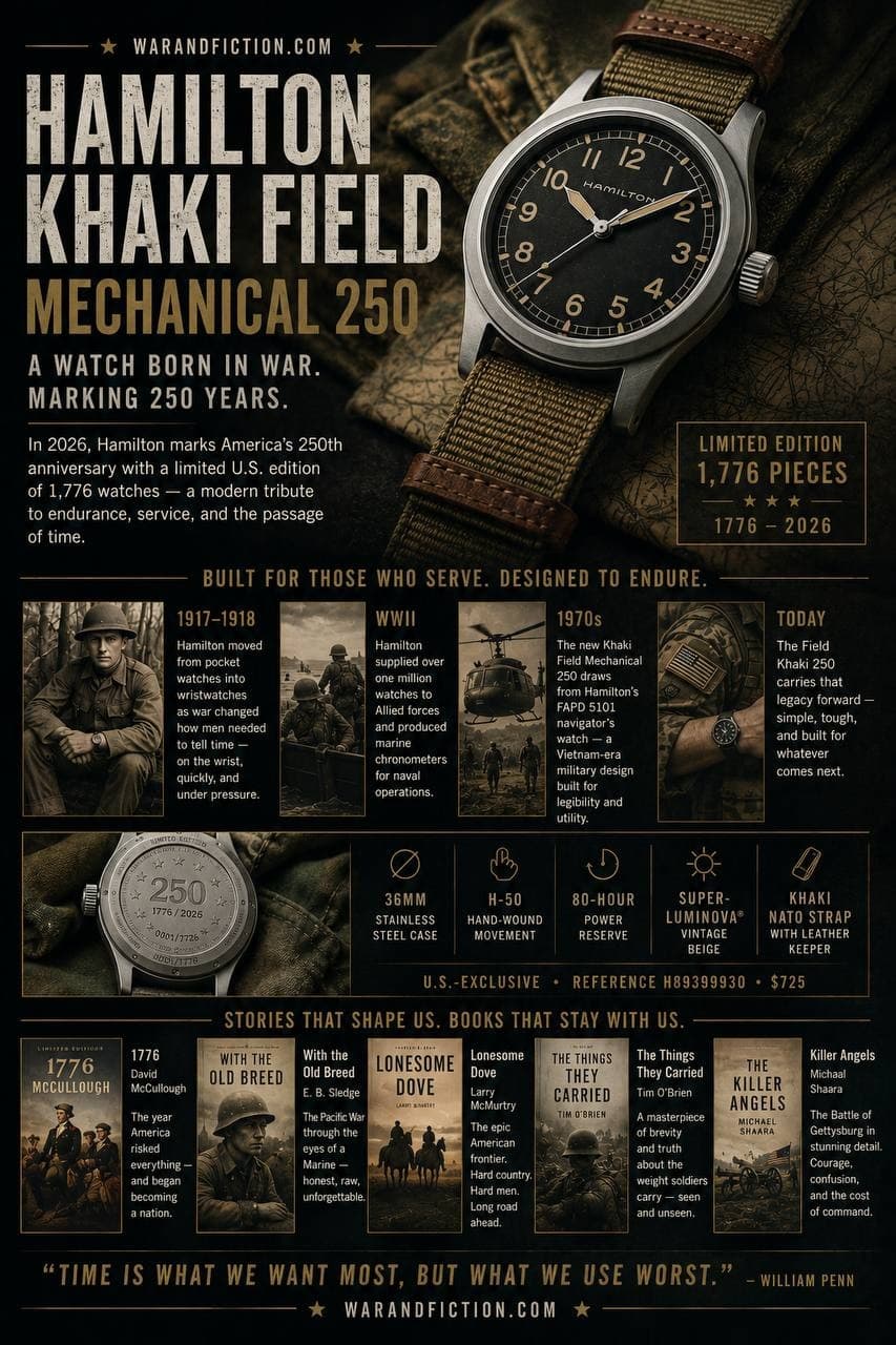 War & Fiction infographic showing the Hamilton Khaki Field Mechanical 250, its 1,776-piece America 250 edition details, watch specifications, Hamilton military heritage timeline, and recommended books
