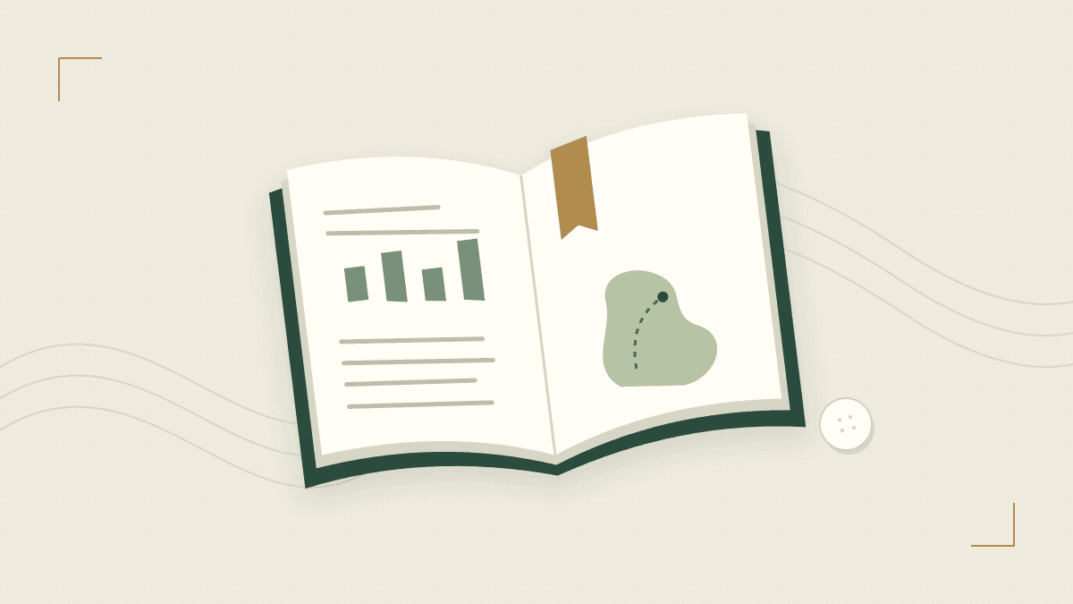 An illustrated open book containing a golf course diagram and a chart, with a golf ball beside it