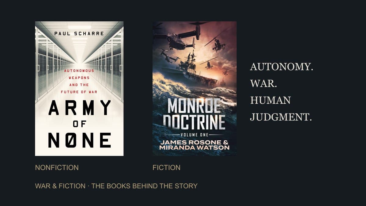 Army of None by Paul Scharre beside Monroe Doctrine Volume One by James Rosone and Miranda Watson